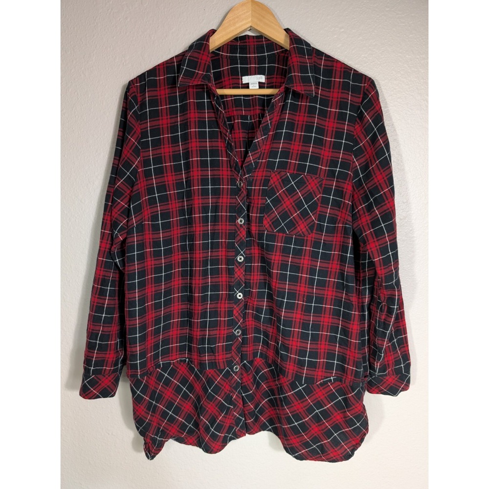 J. Jill Size L Petite Red Plaid Blouse Shirt‎ Top Tunic Button Up Collared 337